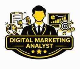 Digital Marketing Analyst illustration with analytics dashboard, target icon, and marketing tools in black and yellow design.