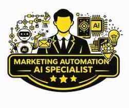 Marketing Automation AI Specialist illustration with AI robot, automation workflow, and digital marketing analytics tools.