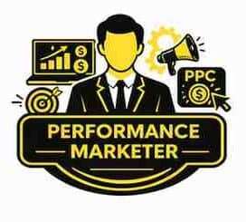Performance Marketer icon showing a digital marketing professional with PPC ads, growth analytics, target strategy, and revenue dashboard in yellow and black theme.