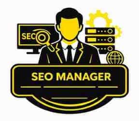 SEO Manager icon showing a professional with SEO analytics dashboard, magnifying glass, server stack, and optimization tools in yellow and black theme.