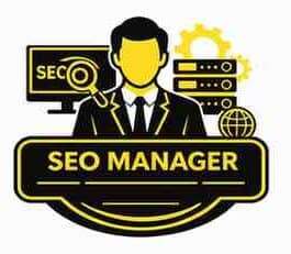 SEO Manager icon showing a professional with SEO dashboard, magnifying glass, server stack, and optimization tools in yellow and black theme.