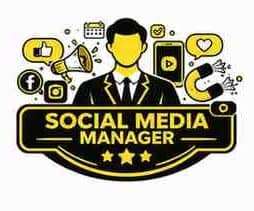 Social Media Manager illustration with social media icons, engagement tools, and digital marketing strategy elements.