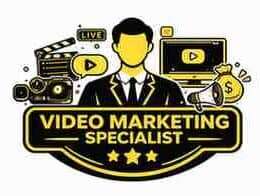Video Marketing Specialist illustration with video production tools, camera, play icons, and digital marketing elements.